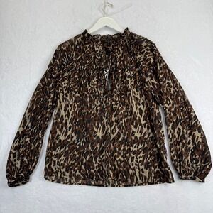 Walter Baker Theima Leopard Print Ruffle Tie Neck Long Sleeve Blouse Brown M